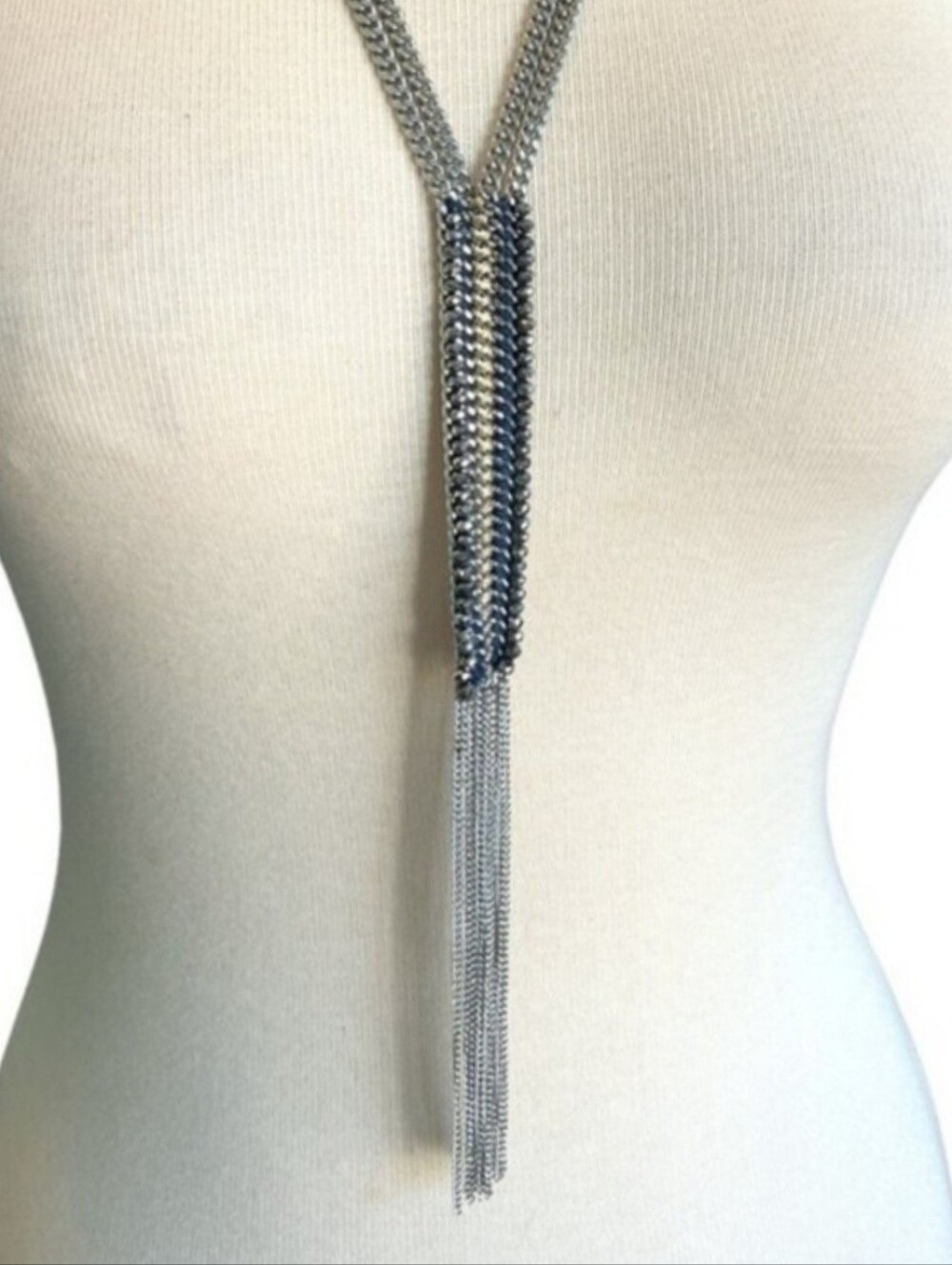 Signed Stella And Dot Silver ToneStella & Dot Tessa Fringe Necklace Double Chain